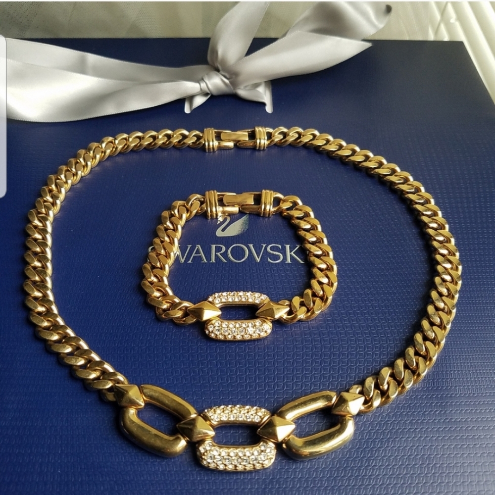 AUTHENTIC Swarovski 18k Gold Plated Chunky Chain Vintage Link Necklace - Picture 4 of 17